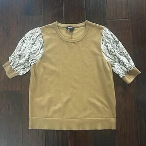 DKNY women sheer sleeve Light Brown blouse Academia festive party Old money sz L